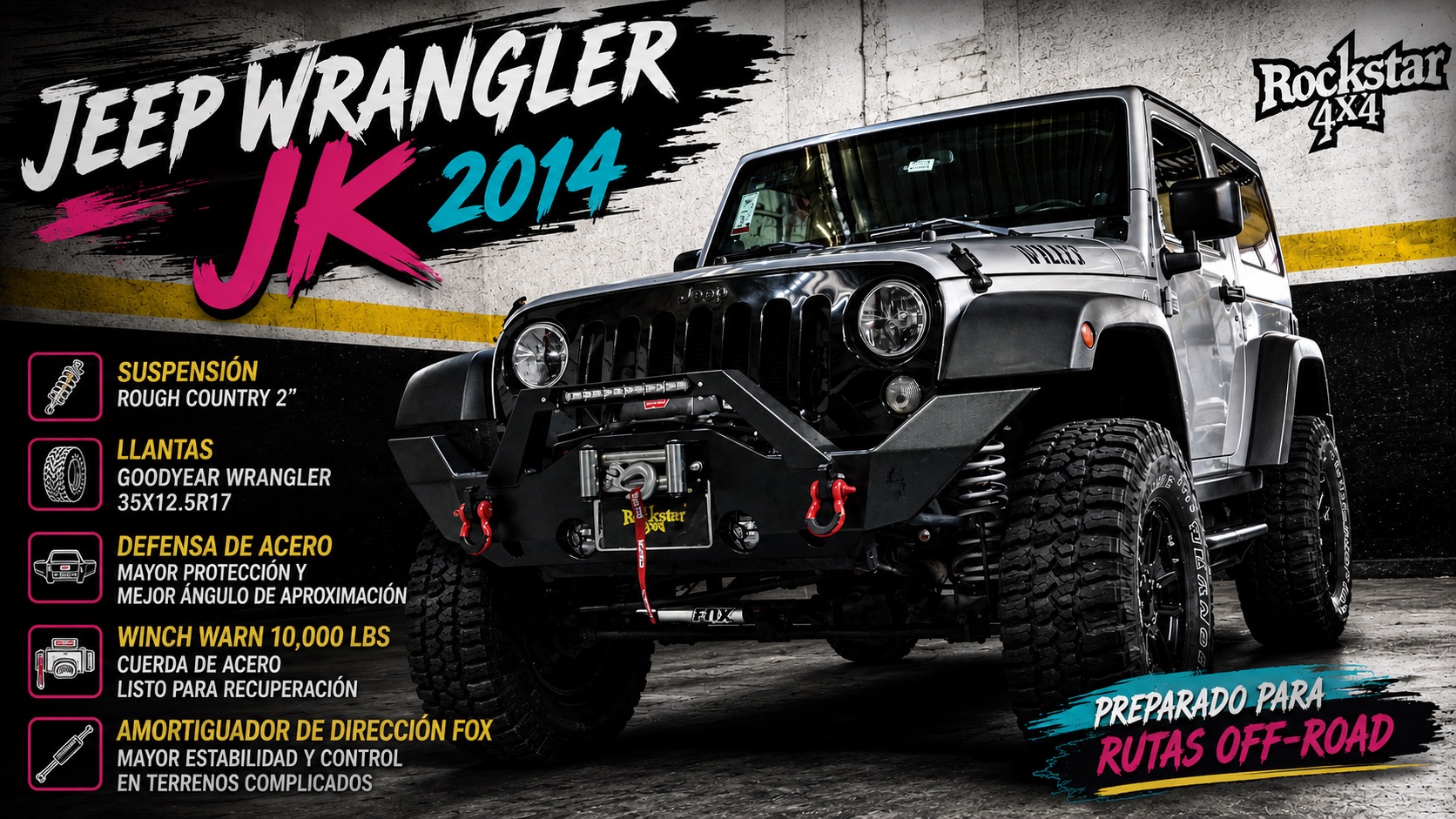 En este momento estás viendo Jeep Wrangler Listo para Rutas con Defensa Reforzada y Winch Warn